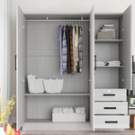 White Wooden 3-Door Wardrobe with Drawers