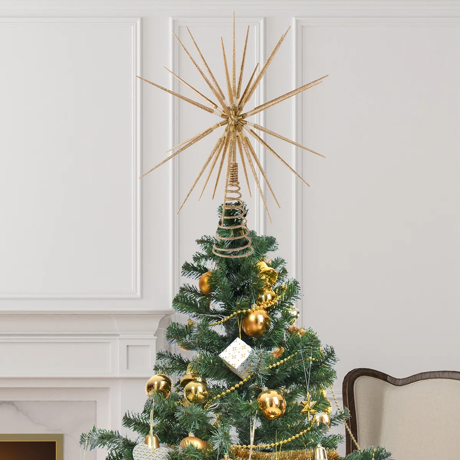 Rustic Wood Star Tree Topper with Gold Glitter